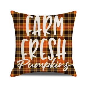 Detail of Farm Fresh Pumpkins text on orange and black plaid rustic cushion cover