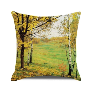 Detail of oil painting style autumn forest print on linen texture square pillow cover