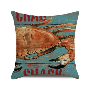 Vintage watercolor crab print pillow case with blue wood grain texture and cotton linen fabric