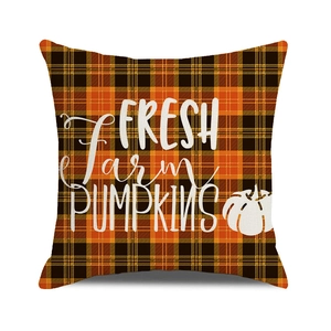 Detail of Fresh Farm Pumpkins print on orange and black plaid autumn cushion cover
