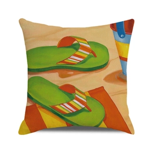 Detailed texture of cotton linen cushion cover with colorful beach flip flops print