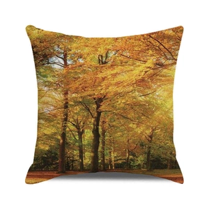 Detail of square pillowcase featuring a golden autumn forest landscape print