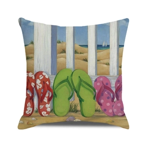 Detail of beach flip-flops watercolor print on a square linen cushion cover for sofa decor