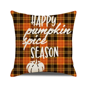 Detail of buffalo check pillow case with white pumpkin and Happy Fall Season print