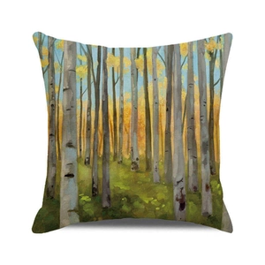 Detail of artistic oil painting autumn birch forest print on a square pillow cover