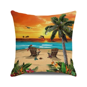 Fodera per cuscino con tramonto tropicale, palme e delfini marini su sfondo bianco puro