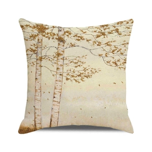 Close-up of square cushion cover featuring autumn forest pattern on linen fabric texture