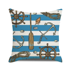 Nautical watercolor cushion cover featuring anchor and steering wheel on blue stripes