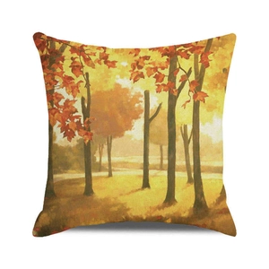 Detailed close-up of autumn forest leaf pattern on a soft decorative pillowcase cover