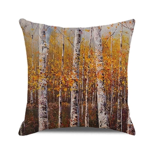 Detailed texture of linen pillow cover with autumn birch forest oil painting design