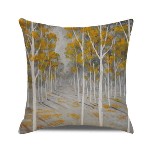 Close-up of square cushion cover with autumn forest oil painting print on linen