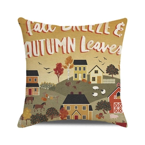 Detail van linnen kussensloop met Fall Breeze en boerderijdieren herfstprint