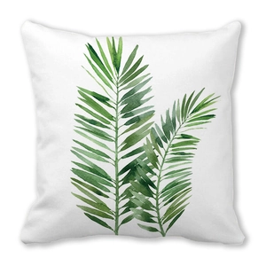 Detailed texture of tropical green palm leaf pattern on peach skin pillowcase