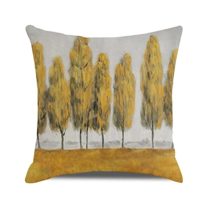 Detailed close-up of a square cushion cover featuring oil painting style autumn trees