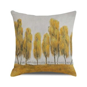Macro detail of square autumn forest pillow cover showing oil painting texture on linen fabric