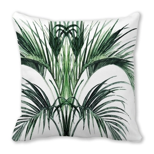 Detail of tropical palm leaf pattern on soft white peach skin pillowcase cover