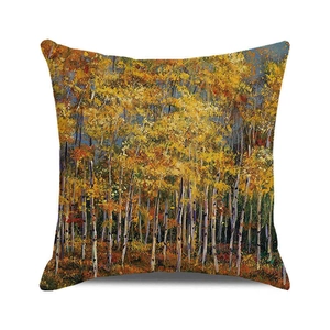 Artistic autumn forest birch tree oil painting decorative linen pillow cover for home decor