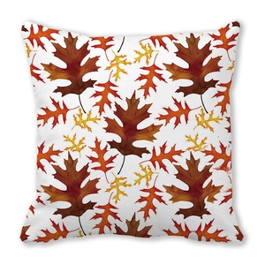 Detailed pattern of colorful watercolor autumn oak leaves on a white square cushion cover