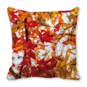Square fall pillow cover with realistic watercolor autumn maple leaves on soft peach skin