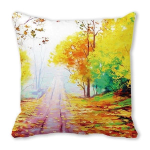 Detail of oil painting style autumn forest print on square peach skin pillowcase