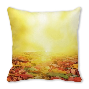 Close-up of high-quality watercolor autumn leaves printed on soft square cushion cover