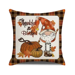 Thankful & Blessed autumn pillow cover with gnome, pumpkin and maple leaf print