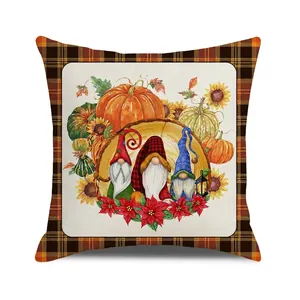Happy Thanksgiving harvest pillow case with autumn gnomes and pumpkins on linen fabric
