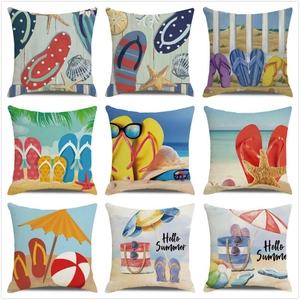 Summer Beach Theme Linen Cushion Cover Flip Flops Starfish Coastal Pattern Square Pillowcase For Living Room Sofa