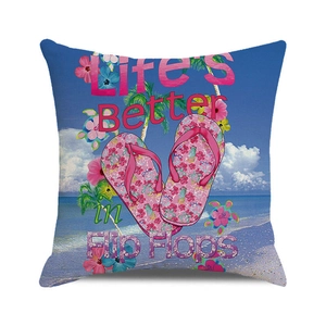 Watercolour beach flip flops cushion cover with Life's Better IN Flip Flops print