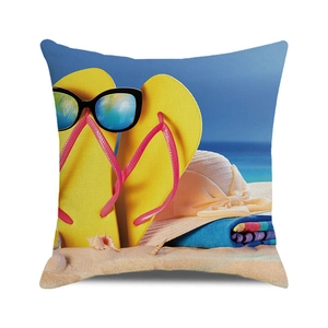 Watercolor summer beach cushion cover with flip-flops, sunglasses and sun hat print