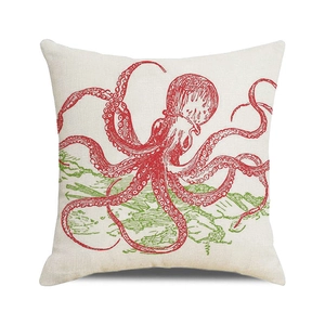 Fodera per cuscino in lino con illustrazione vintage di polpo rosso e alghe marine