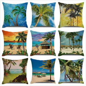 Fodera per Cuscino con Paesaggio Tropicale del Tramonto sulla Spiaggia Estiva in Lino Federa Decorativa per Divano Casa