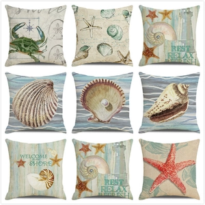 Housse de Coussin en Lin Nautique Imprimé Vie Marine Étoile de Mer Coquillage Corail Taie d'Oreiller Décorative Méditerranéenne pour Canapé Maison