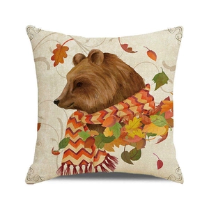 Decoratieve Happy Thanksgiving kussenhoes met herfstbeer en kleurrijke herfstbladeren