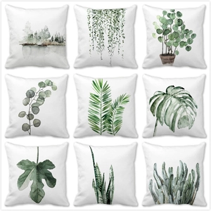 Nordic Tropical Green Leaf Watercolor Plant Pattern Peach Skin Polyester Decorative Cushion Cover For Sofa Living Room Home Decor