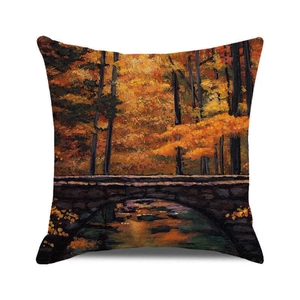 Square autumn forest pillow cover with golden trees and stone bridge oil painting design