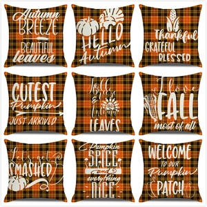 Thanksgiving Fall Pumpkin Plaid Decorative Throw Pillow Cover Linen Cotton Blend Autumn Harvest Cushion Case Home Decor