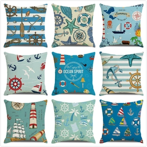 Nautical Theme Linen Throw Pillow Case Sea Anchor Sailboat Watercolor Square Decorative Cushion Cover For Home Sofa Decor