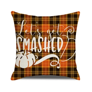 Let's get SMASHED Happy Fall pumpkin orange black plaid square pillow cover