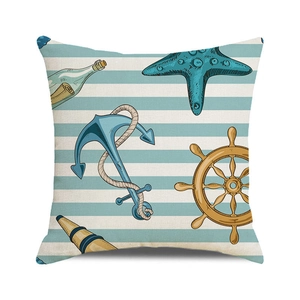 Nautical watercolor cushion cover with anchor, starfish and ship wheel on blue stripes