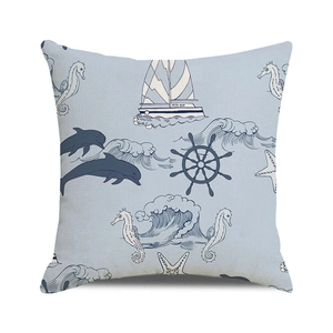 Square nautical pillowcase featuring blue sailboats and sea life on linen texture