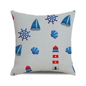 Square nautical pillow case featuring blue sailboats and red white lighthouse