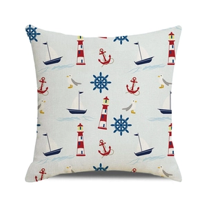 Square nautical pillow cover featuring red lighthouse and blue sailboat print