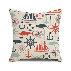 Nautical theme cushion cover with anchors and sailboats on linen texture fabric