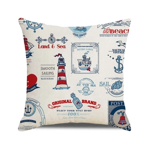 Vintage nautical square cushion cover featuring a lighthouse and anchor on linen fabric