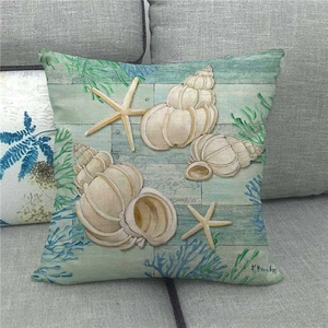Marine life cushion cover with starfish and conch on a wooden texture background
