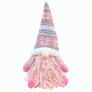 Pink Christmas gnome doll with telescopic legs and snowflake knitted hat on white background