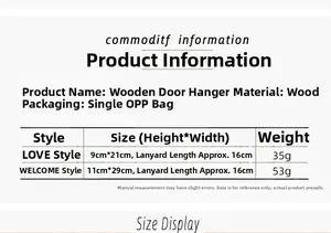 Size chart for wooden Independence Day door hangers showing dimensions and weights