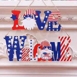 Patriotic wooden Love and Welcome sign with American flag gnome and star patterns