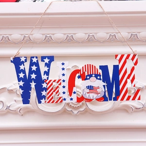 Detail of wooden Patriotic Welcome sign with American flag gnome for door decoration